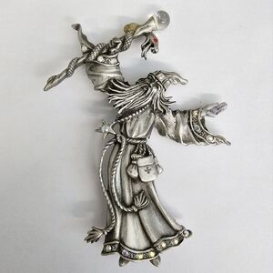 Vintage Wizard Brooch Crystal Ball Serpent Staff silver tone JJ Jonette